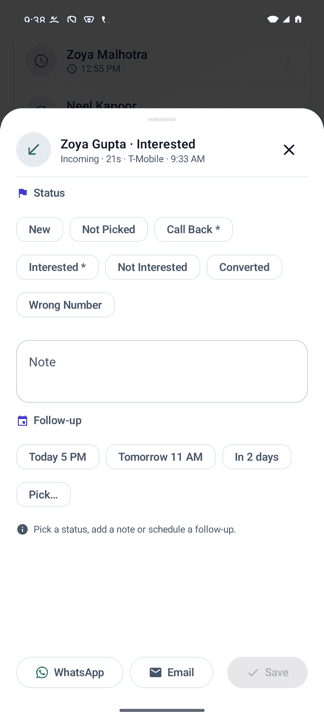 The after-call card in the CallCRM app: status chips, note, follow-up presets and a save button